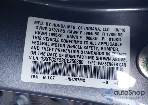 2016 Honda Civic Lx from USA, damaged, VIN 19XFC2F58GE250880